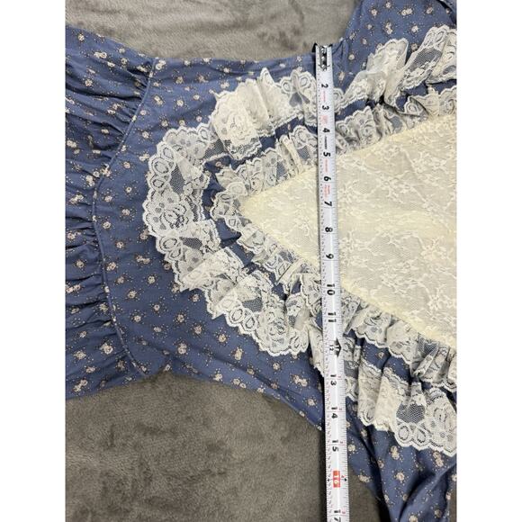 Vintage Sabrina Prairie Dress Blue Floral Lace Trim Cottagecore USA Made Sz 10 - Picture 9 of 12